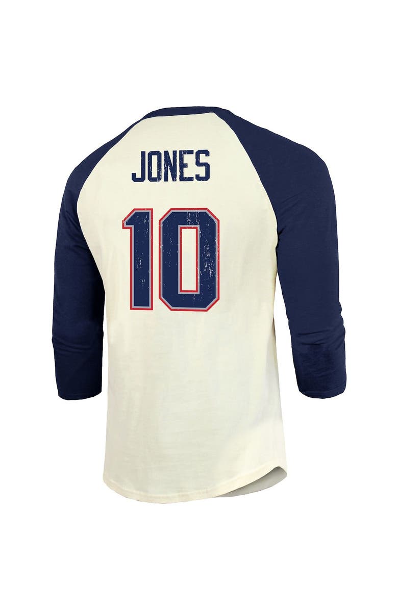 Majestic Threads Men's Majestic Threads Mac Jones Cream/Navy New England Patriots Player Name & Number Raglan 3/4-Sleeve T-Shirt, Alternate, color, 