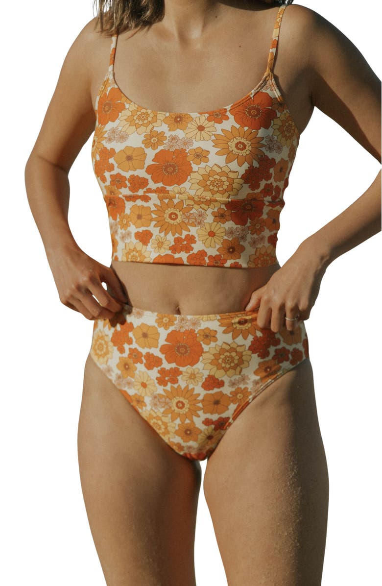 Geode Swimwear Flora High Waisted Bottoms, Main, color, Orange Retro Floral