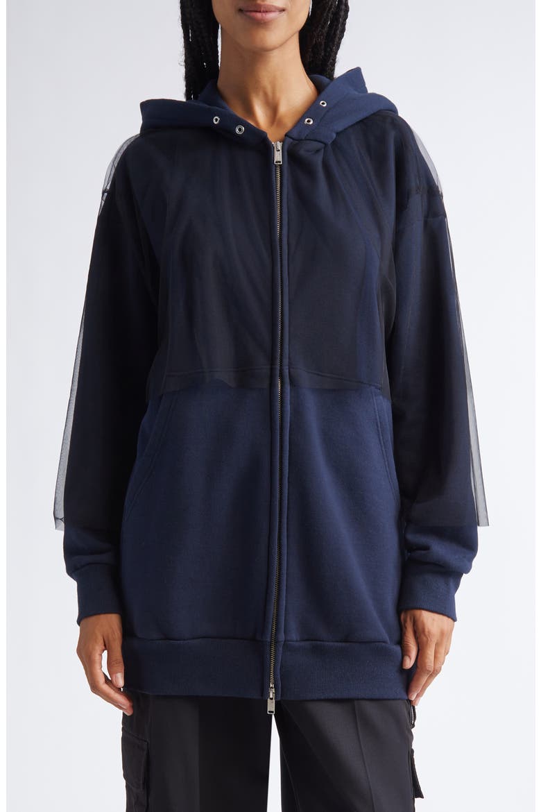 Tulle Overlay Oversize Cotton Fleece Zip-Up Hoodie, Main, color, NAVY