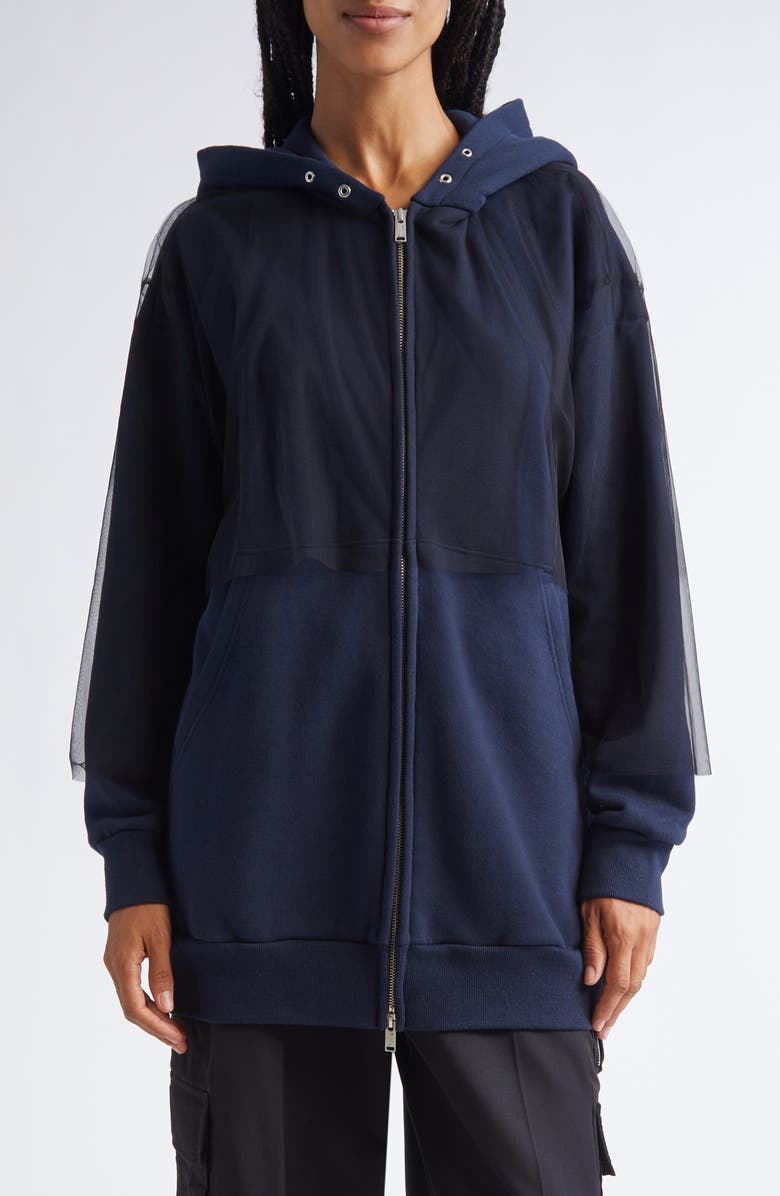 Undercover Tulle Overlay Oversize Cotton Fleece Zip-Up Hoodie, Main, color, Navy