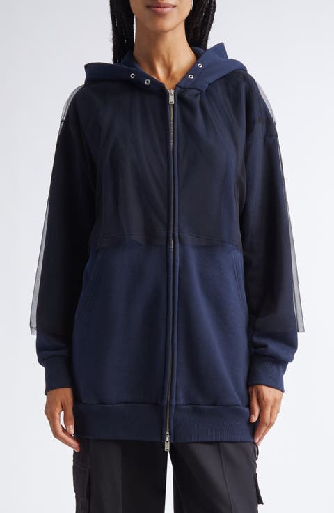 Tulle Overlay Oversize Cotton Fleece Zip-Up Hoodie