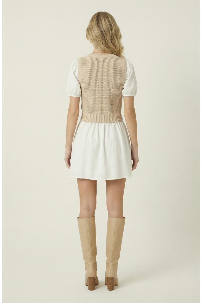 Ribbed Sleeveless Sweater Dress with Puff Sleeves, Alternate, color, White