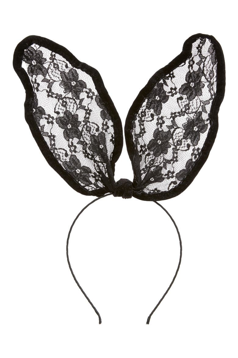 'Drama' Lace Bunny Ear Headband, Main, color, BLACK
