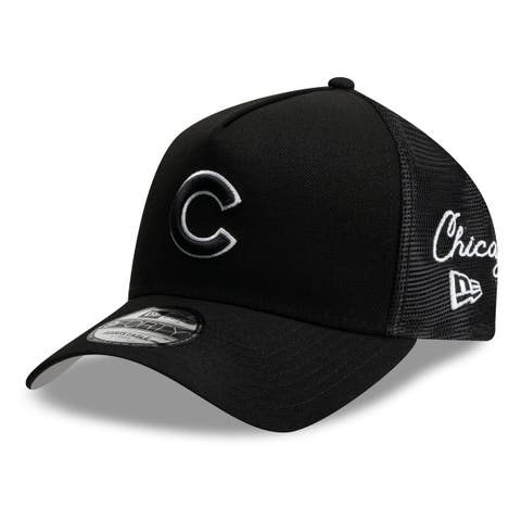 Men's New Era Black Chicago Cubs Side Script 9FORTY A-Frame Trucker Adjustable Hat
