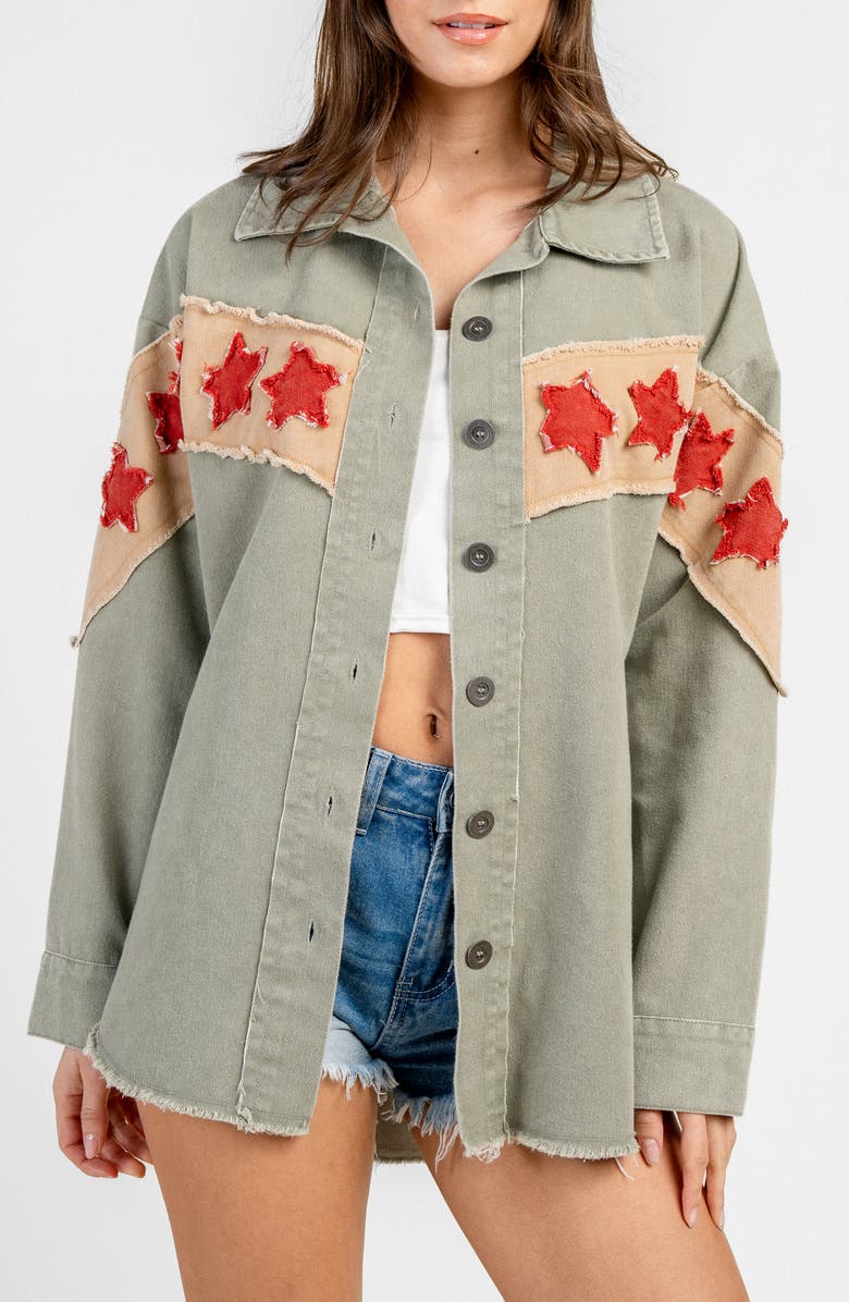 Beivy Denim Star Patch Shirt Jacket, Main, color, Green Combo