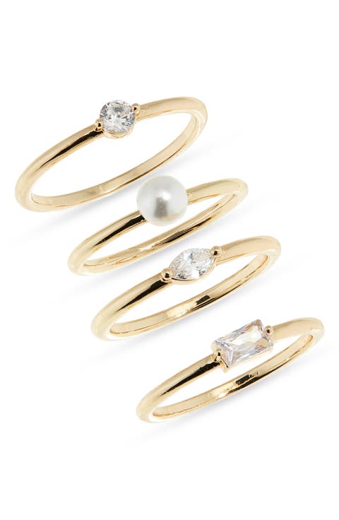 Four-Piece CZ & Faux Pearl Ring Set
