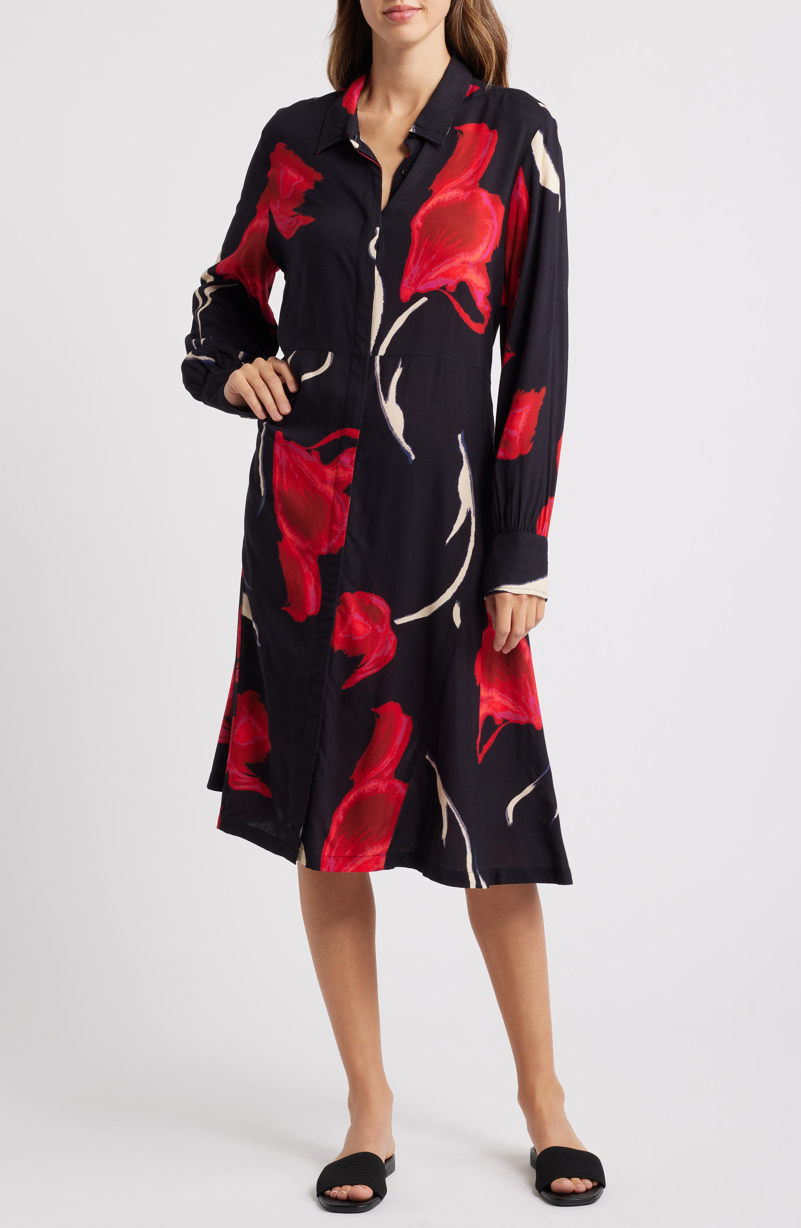 Masai Copenhagen Nadia Floral Long Sleeve Midi Shirtdress in Haute Red 
