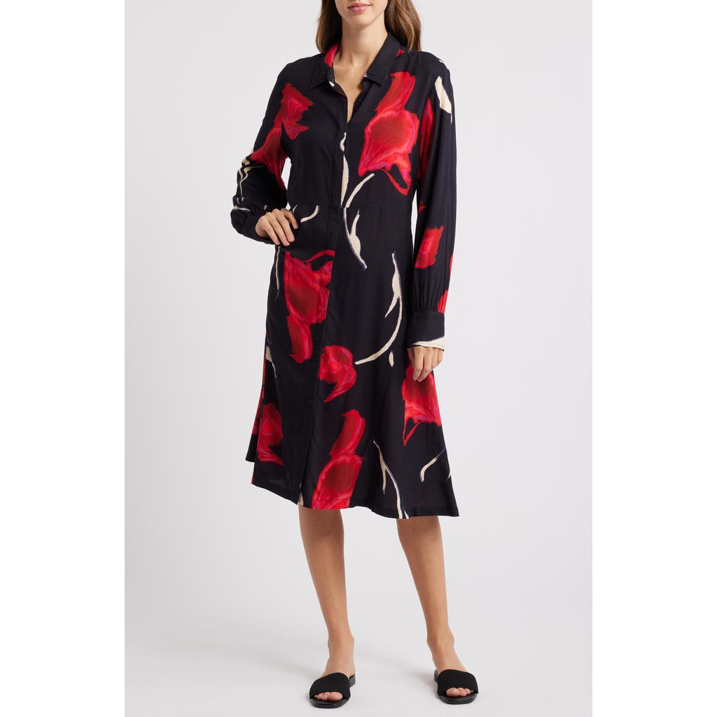 Masai Copenhagen Nadia Floral Long Sleeve Midi Shirtdress in Haute Red