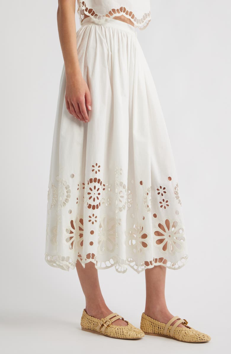 THE GREAT. The Super Bloom Eyelet Midi Skirt, Alternate, color, White