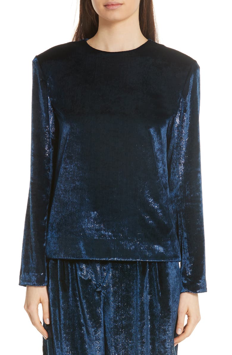 Tibi Tess Metallic Velvet Top, Main, color, Navy