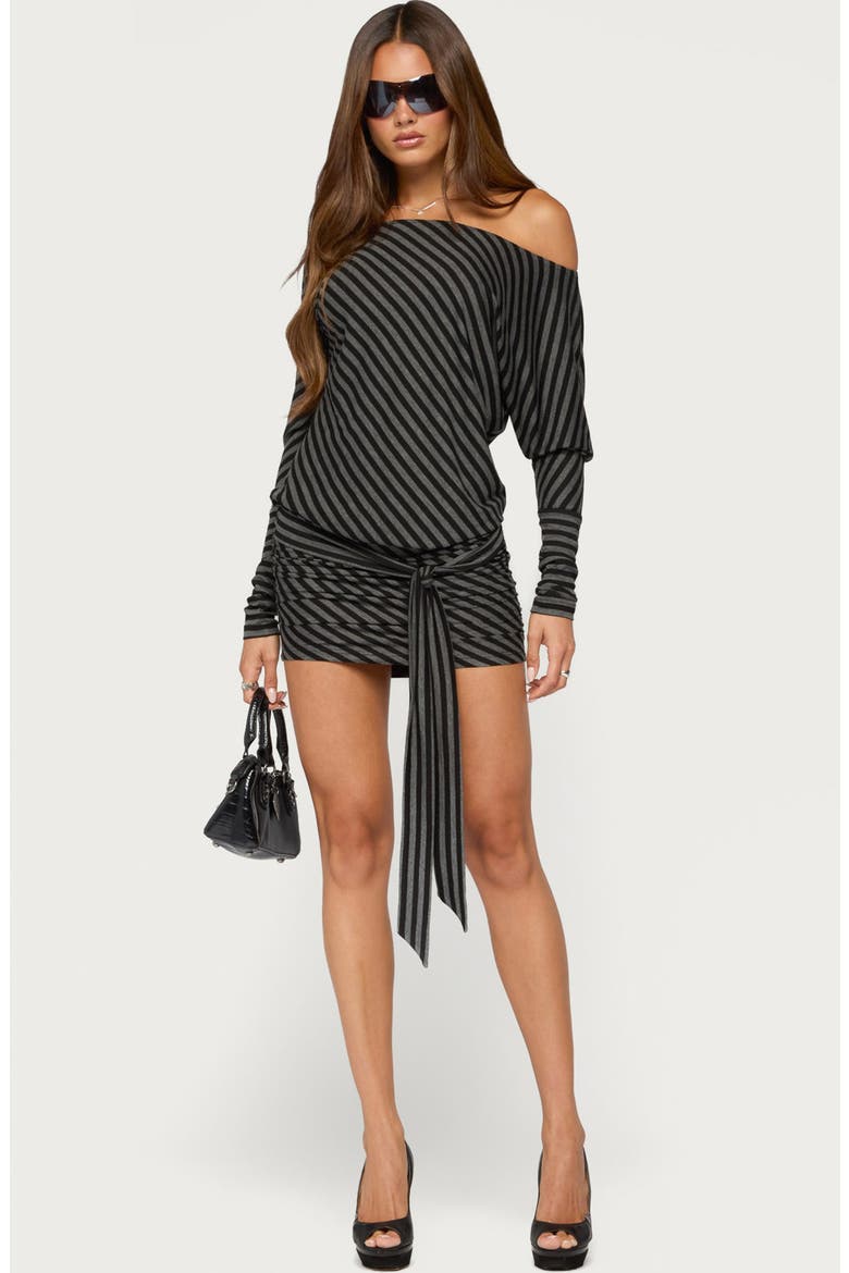 Maely Off-the-Shoulder Striped Minidress, Alternate, color, BLACK-AND-GRAY