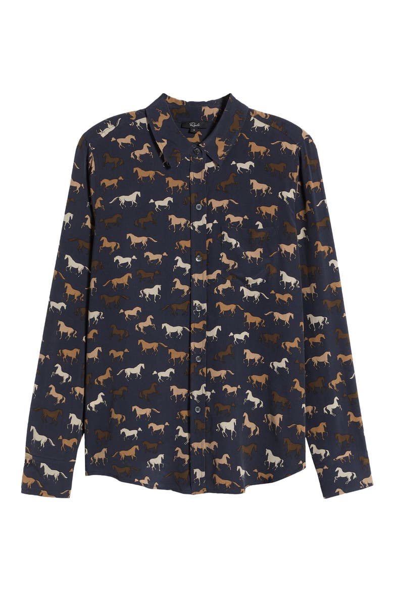 Kate Horse Print Silk Button-Up Shirt, Alternate, color, HORSES