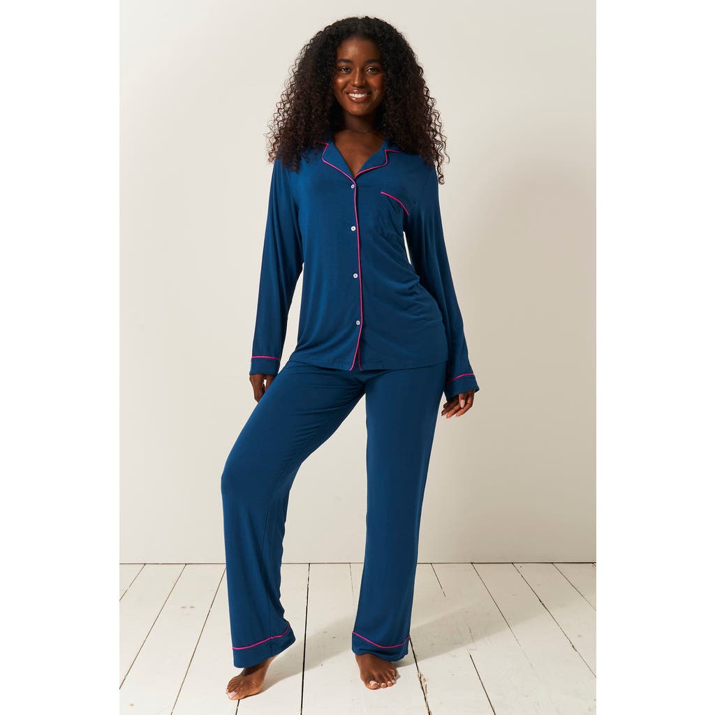 Stripe & Stare Long Pyjama Set In Midnight & Raspberry