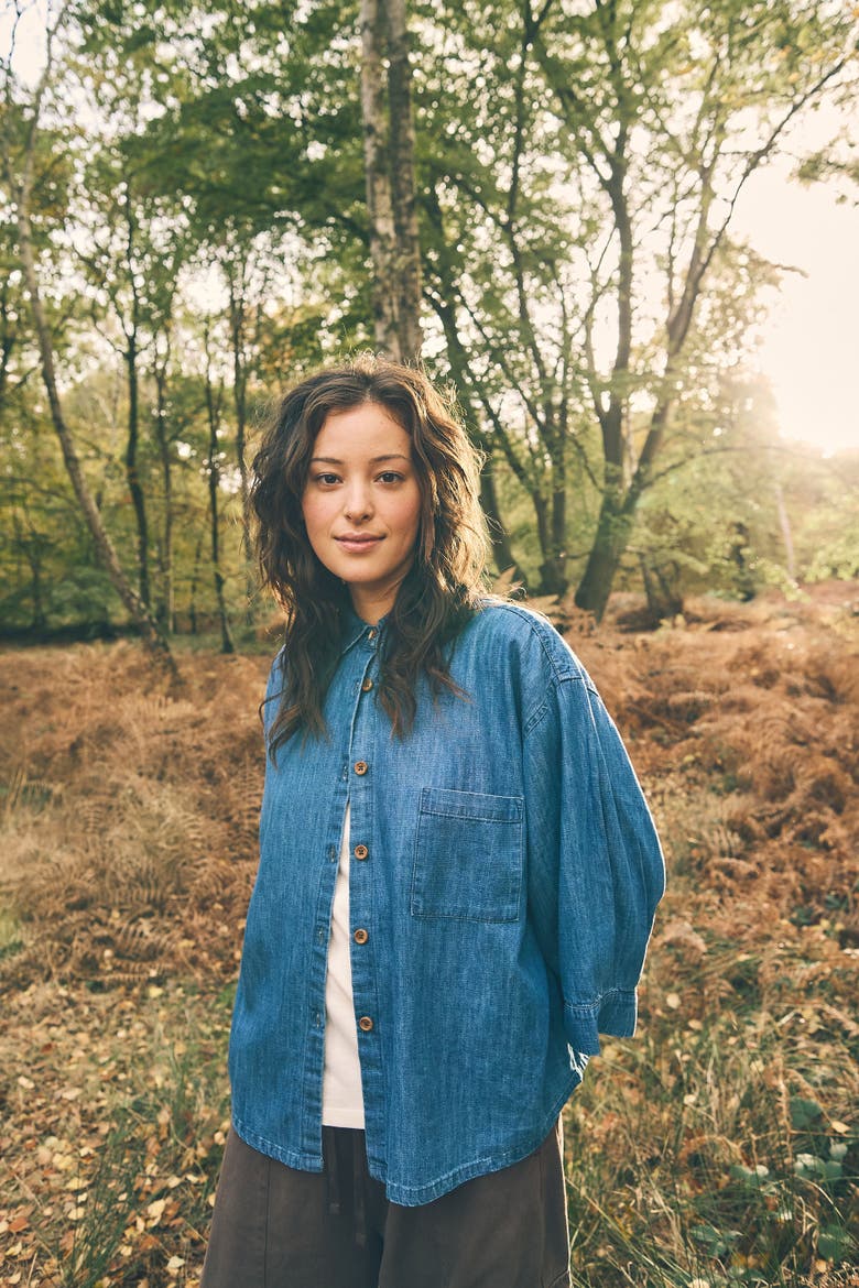 The Chambray Denim Shirt Women, Alternate, color, mid denim