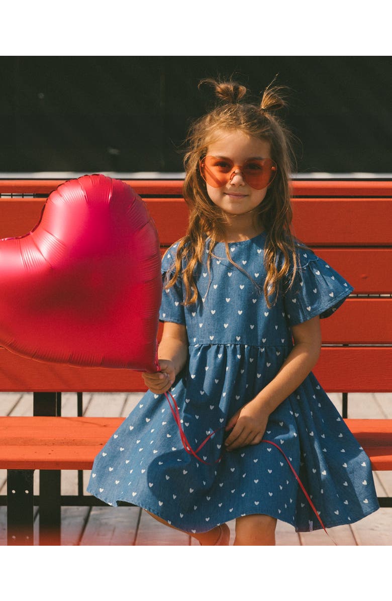 Deux par Deux Girl's Printed Chambray Dress Navy Blue And White Hearts, Alternate, color, 