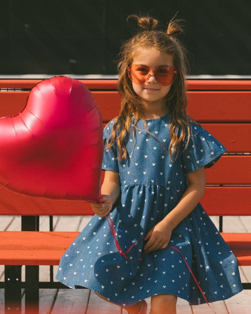 Deux Par Deux Girl's Printed Chambray Dress Blue And White Cherries In Navy Blue And White Hearts