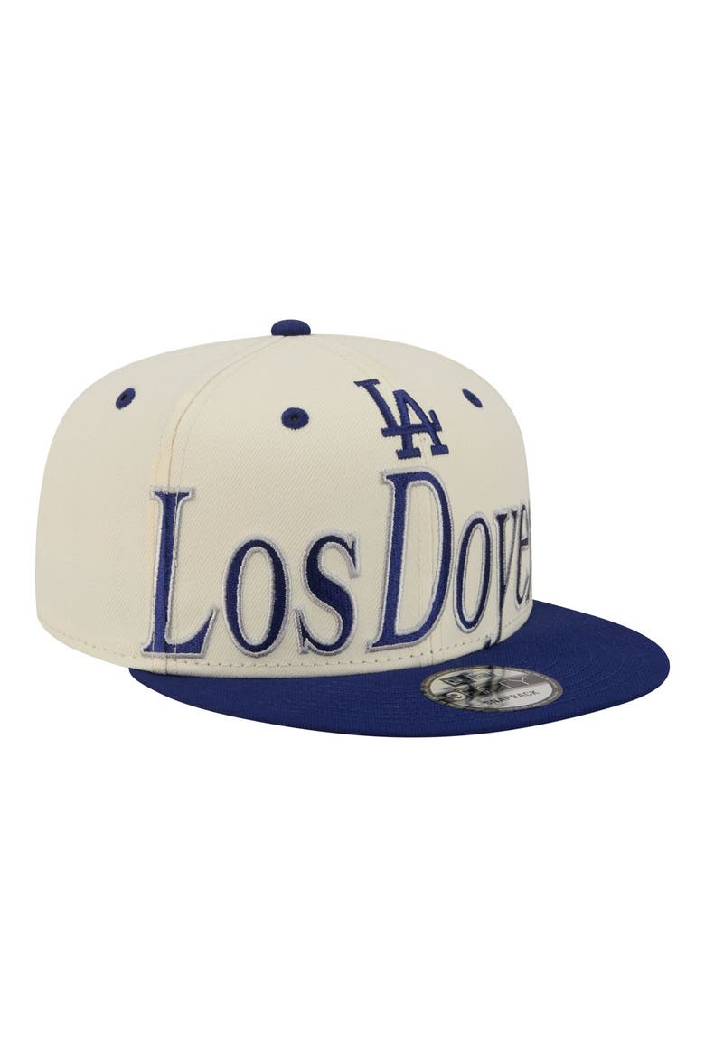 Men's New Era Cream Los Angeles Dodgers Oversized Slogan 9FIFTY Snapback Hat, Main, color, Cream