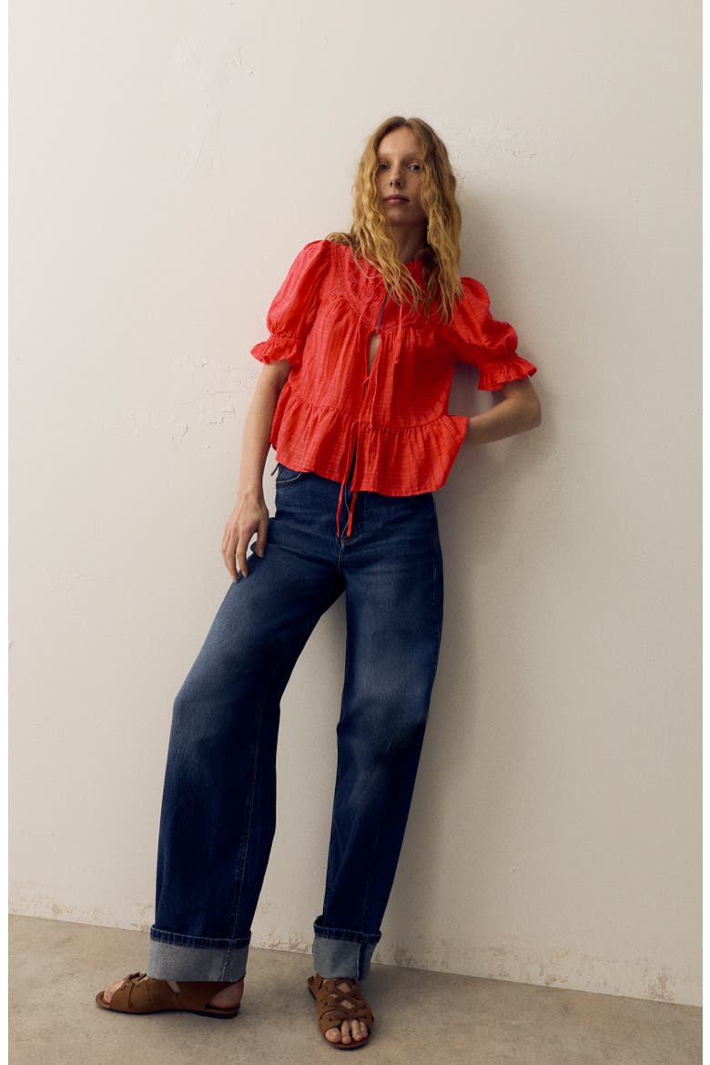 Embroidered Tie Front Top, Alternate, color, BRIGHT ORANGE
