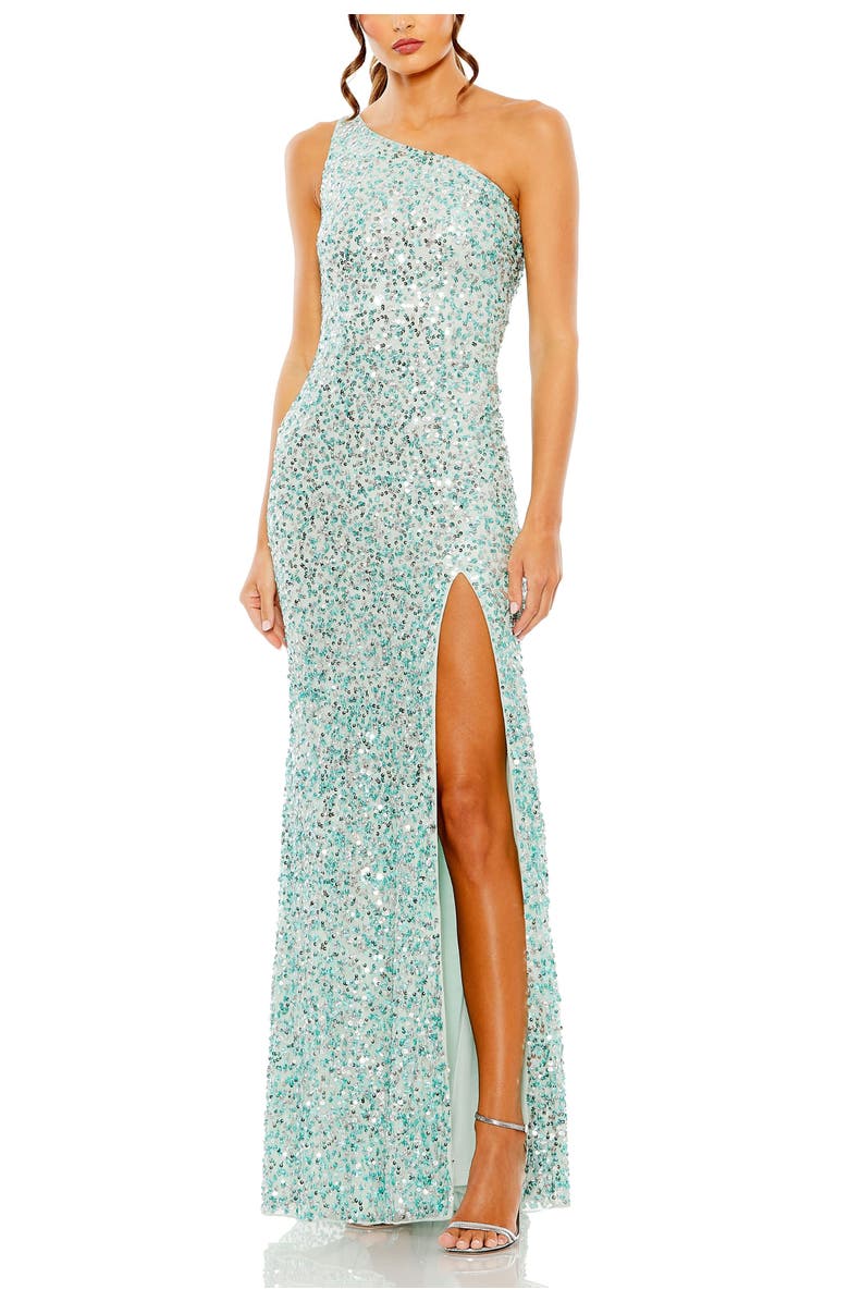 Mac Duggal Sequin One Shoulder Gown w/ Embellishments, Main, color, Aqua