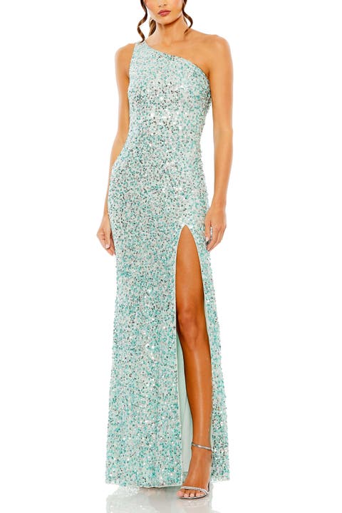 Sequin One Shoulder Gown w/ Embellishments