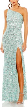 Mac Duggal Sequin One Shoulder Gown w/ Embellishments