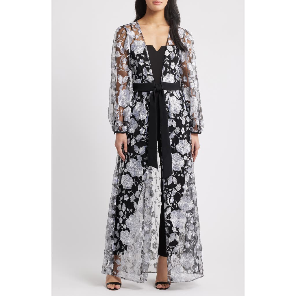 Julia Jordan Floral Embroidery Long Jacket & Jumpsuit Set In Black/silver