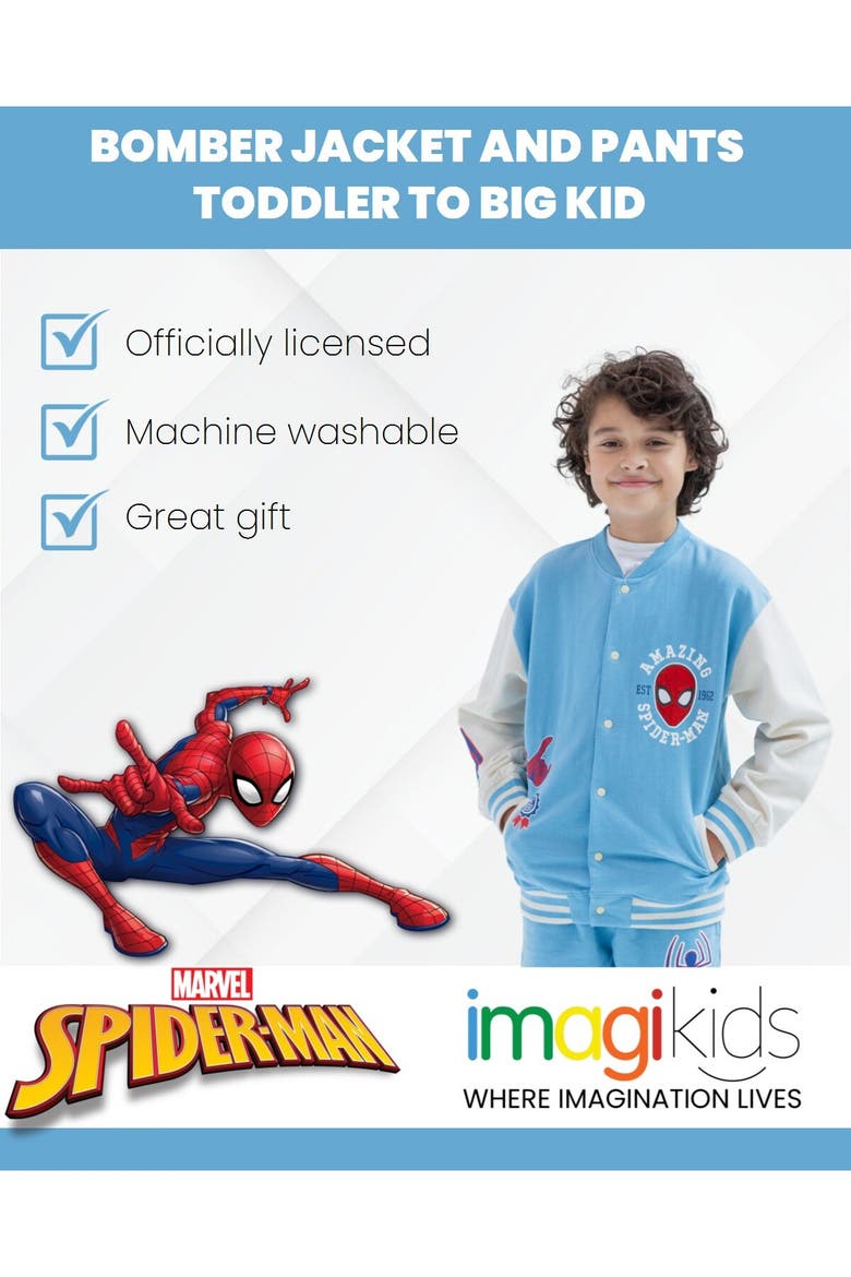 Spider-Man Fleece Varsity Jacket and Pants Set, Alternate, color, Spider Man Blue Cream