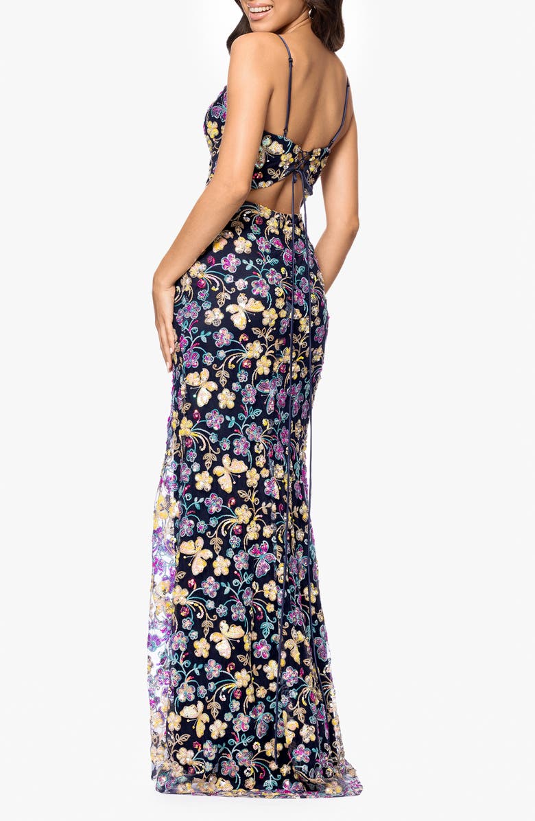 Blondie Nites Butterfly Sequin Sleeveless Gown, Alternate, color, Navy/ Multi