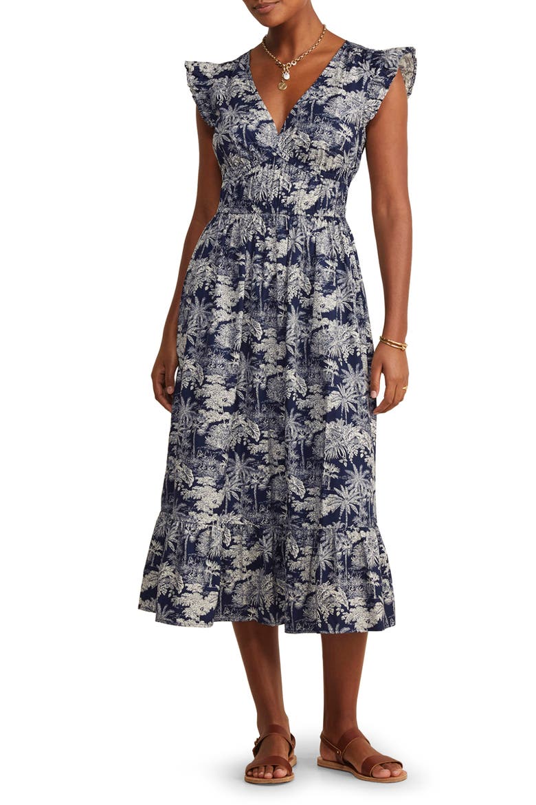 Ruffle Hem Cotton Stretch Poplin Dress, Main, color, TOILE- NAUTICAL NAVY