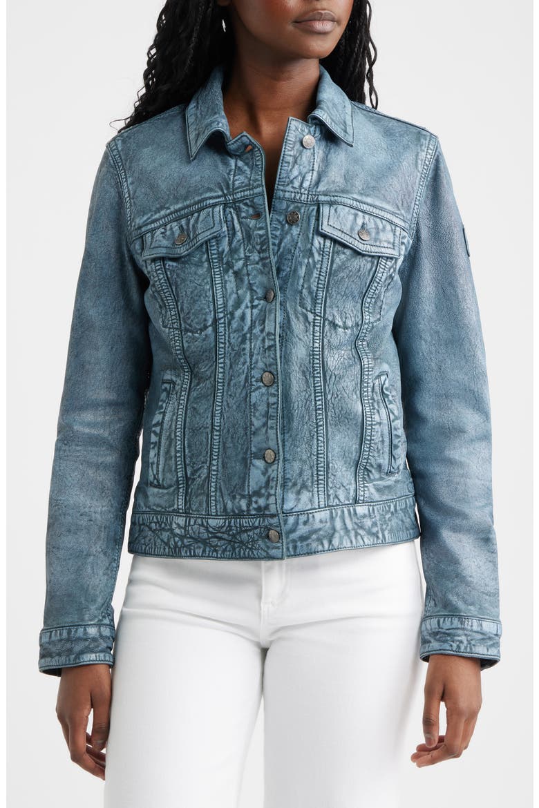 Jessie Denim Look Leather Trucker Jacket, Alternate, color, TEAL