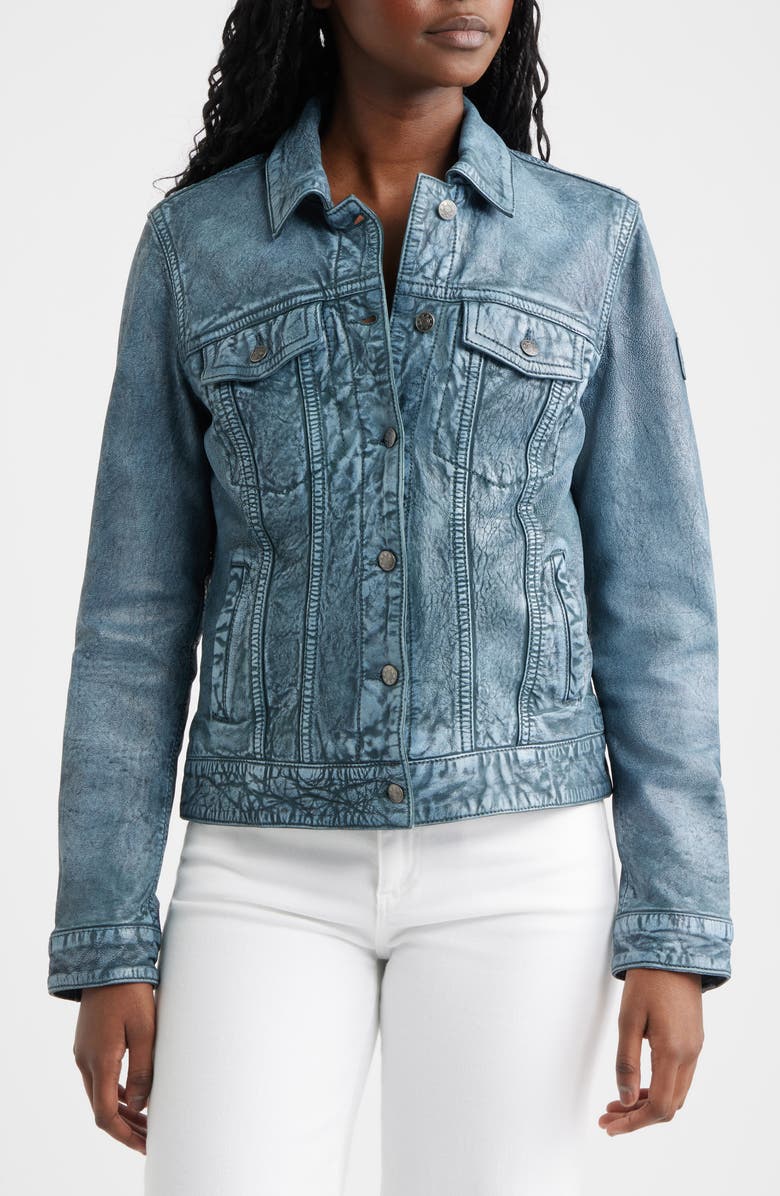 MAURITIUS Jessie Denim Look Leather Trucker Jacket, Alternate, color, Teal