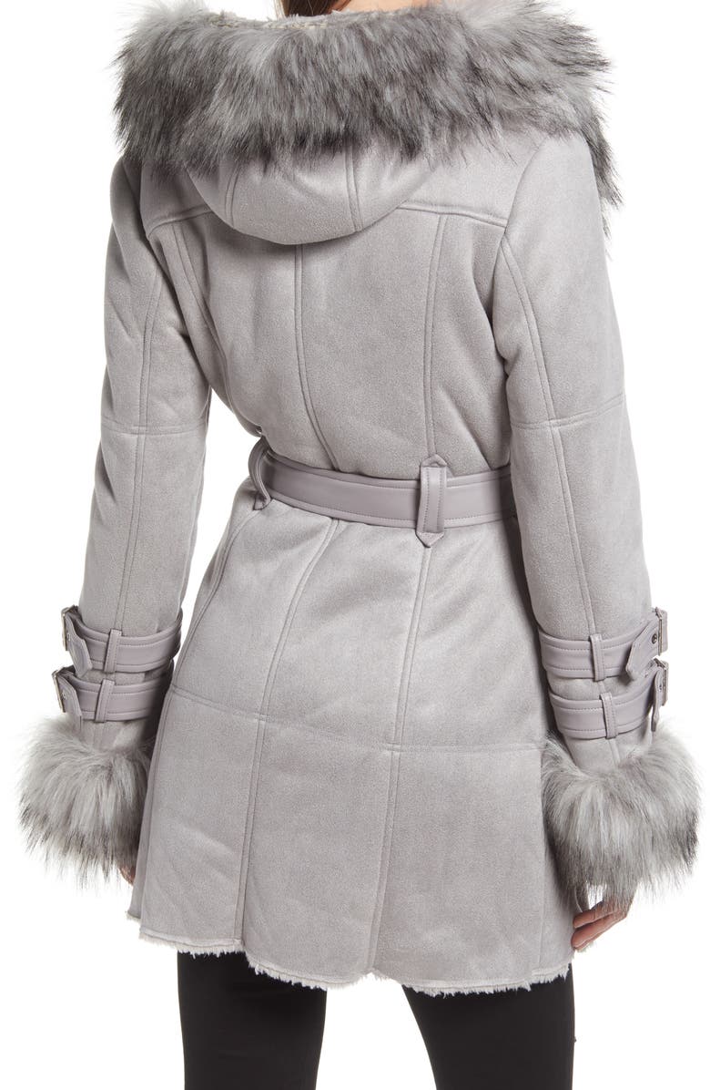 AZALEA WANG Belted Trench Coat with Faux Fur Trim, Alternate, color,