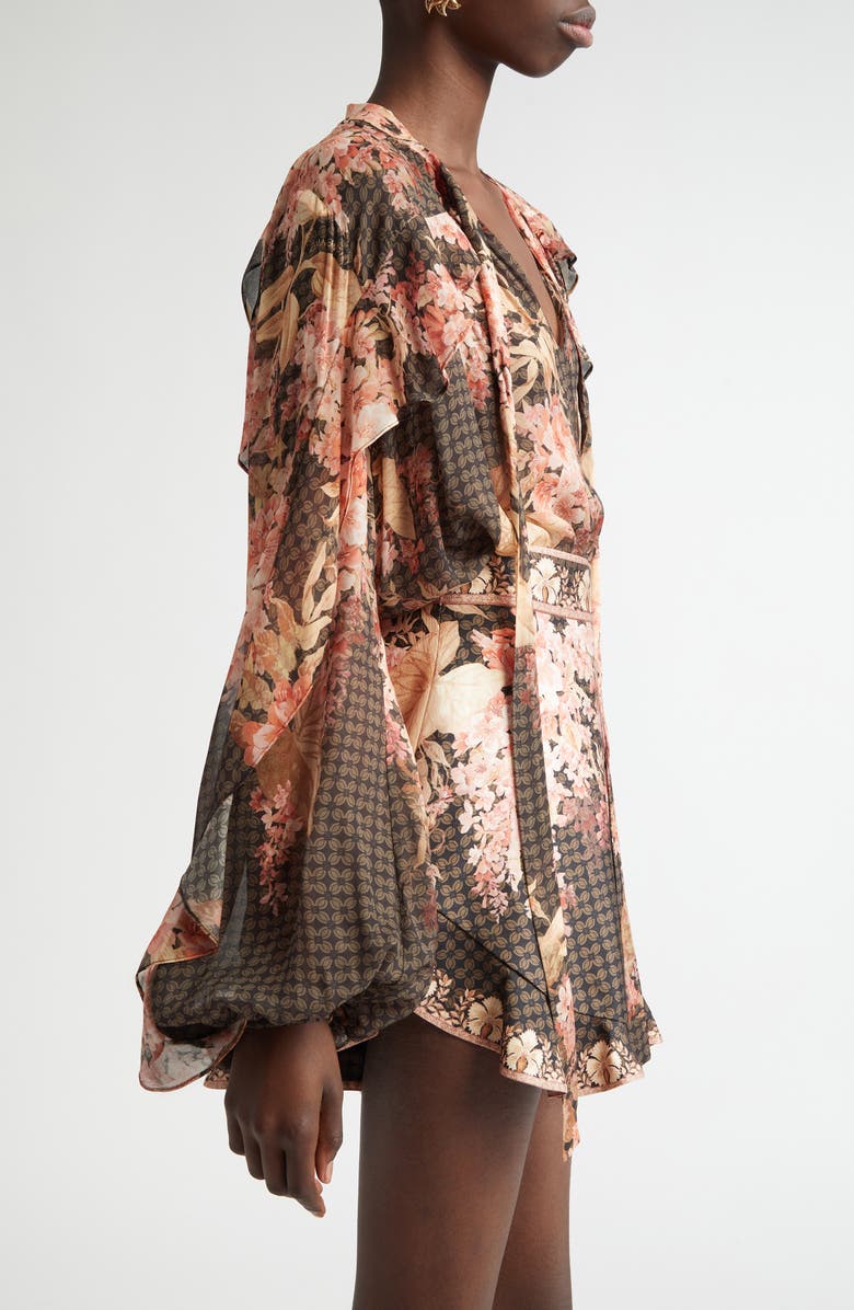 Zimmermann Tropical Floral Flutter Ruffle Tie Neck Top, Alternate, color, 