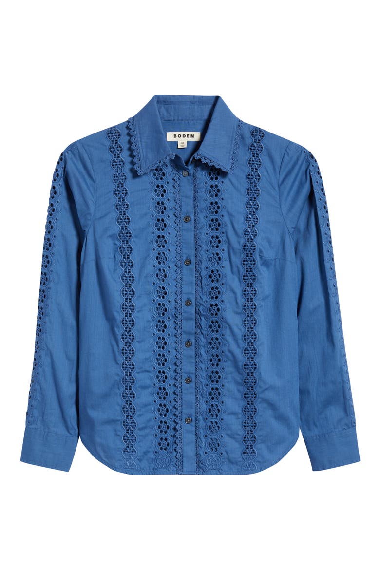 Sienna Embroidered Detail Cotton Button-Up Shirt, Alternate, color, DENIM BLUE