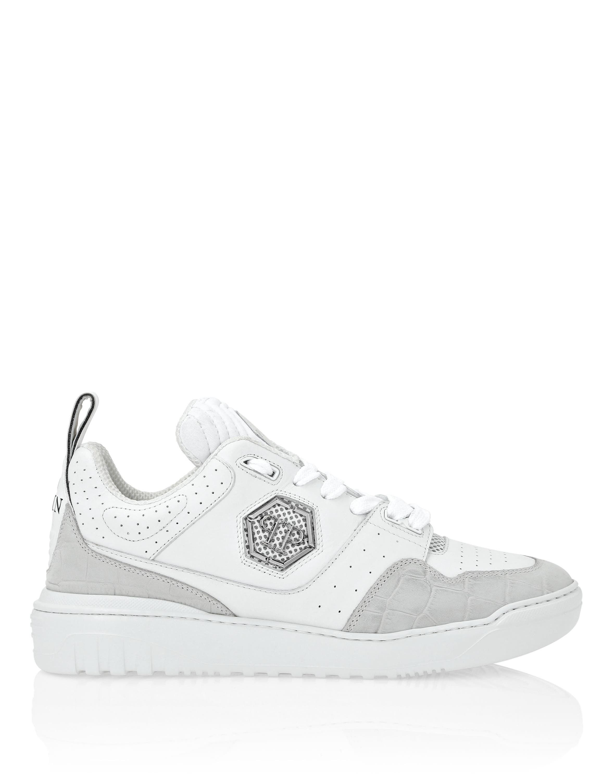 Croco Printed Leather Lo-Top Sneakers Men, Alternate, color, white/white