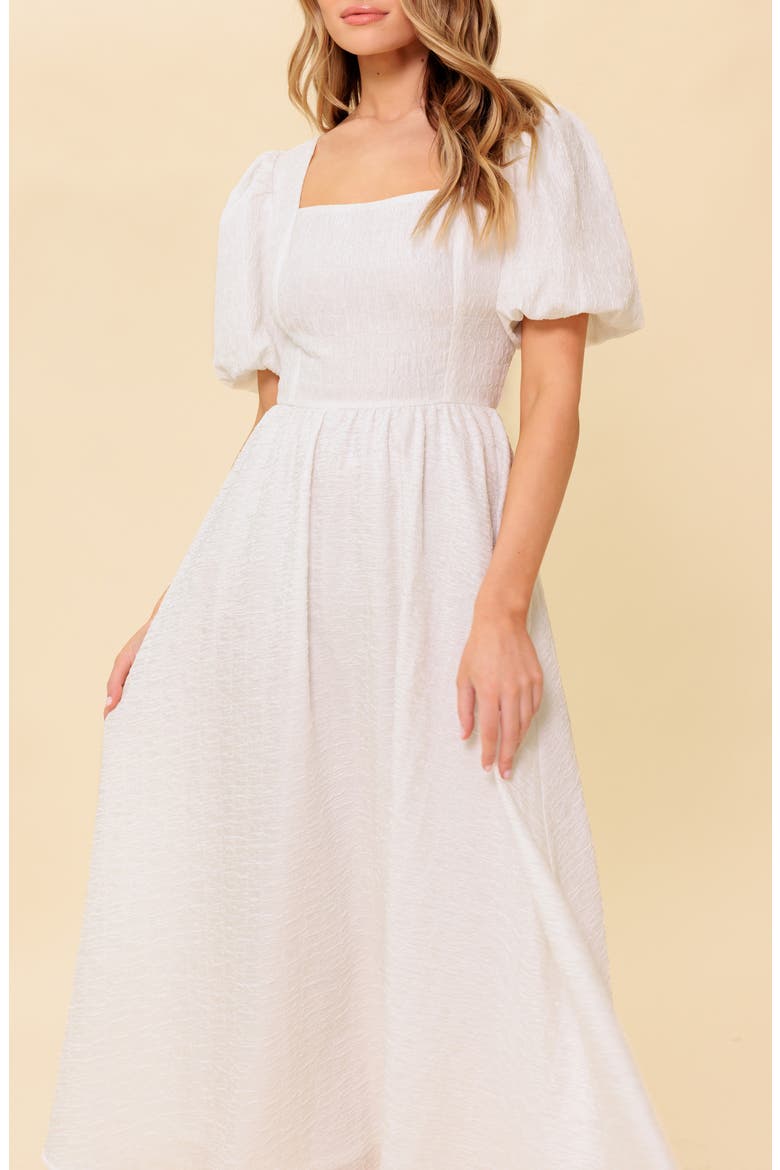 Puff Sleeve Tie Back Fit & Flare Midi Dress, Alternate, color, IVORY