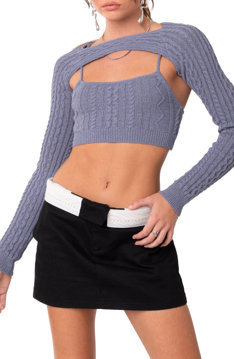 EDIKTED Cable Stitch Two-Piece Crop Camisole & Shrug Sweater, Main, color, 