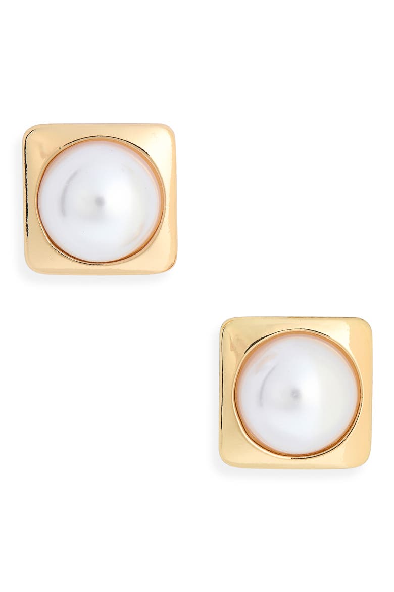 Faux Pearl Square Stud Earrings, Main, color, WHITE- GOLD