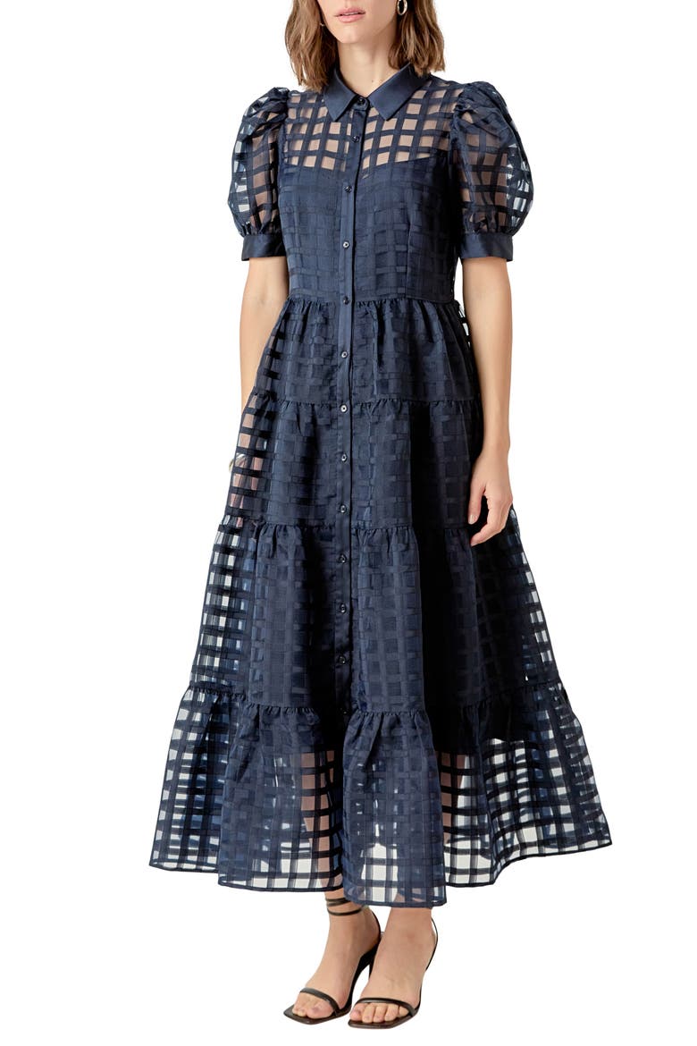 Grid Pattern Tiered Midi Shirtdress, Alternate, color, DARK NAVY
