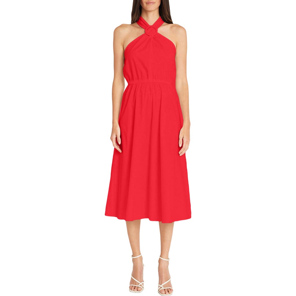 Maggy London Halter Neck O-Ring Poplin Midi Dress in Tomato Puree at Nordstrom Rack, Size 0