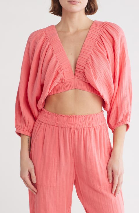 Three-Quarter Balloon Sleeve V-Neck Cover-Up Top