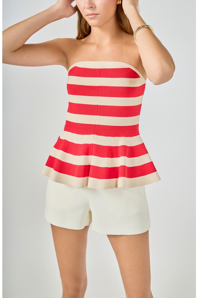Stripe Strapless Knit Peplum Top, Alternate, color, RED/ CREAM