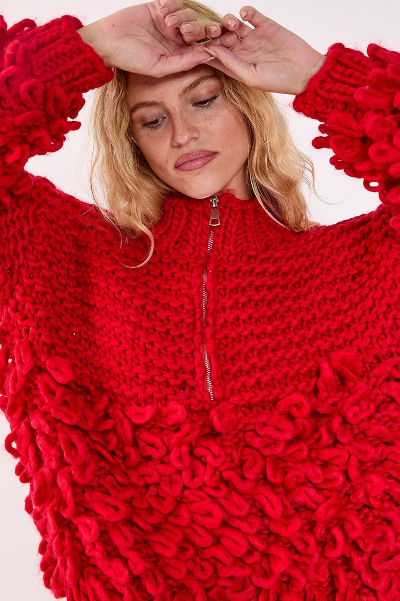 Loopy Quarter Zip Sweater, Alternate, color, Red