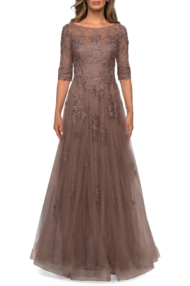 Lace and Tulle A-line Gown with Three Quarter Sleeves, Main, color, COCOA