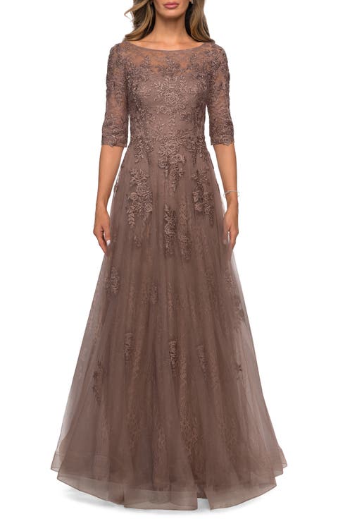 Lace and Tulle A-line Gown with Three Quarter Sleeves