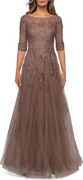 La Femme Lace and Tulle A-line Gown with Three Quarter Sleeves