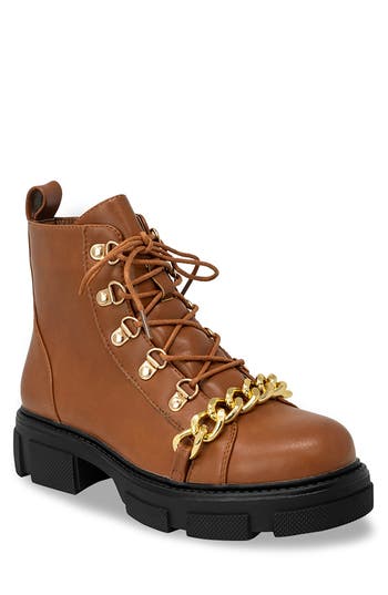 Chase & Chloe Chase And Chloe ́ Curb Chain Trimmed Lug Sole Boot In Brown