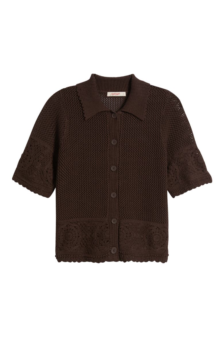 Celtia Mixed Open Stitch Cotton Blend Button-Up Sweater, Alternate, color, CHOCOLATE