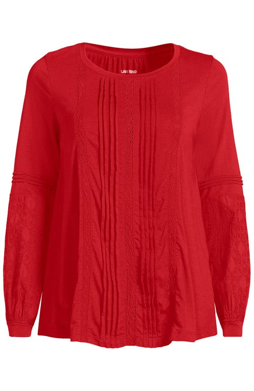Lands' End Lightweight Jersey Lace Mix Long Sleeve Pintuck Top In Red