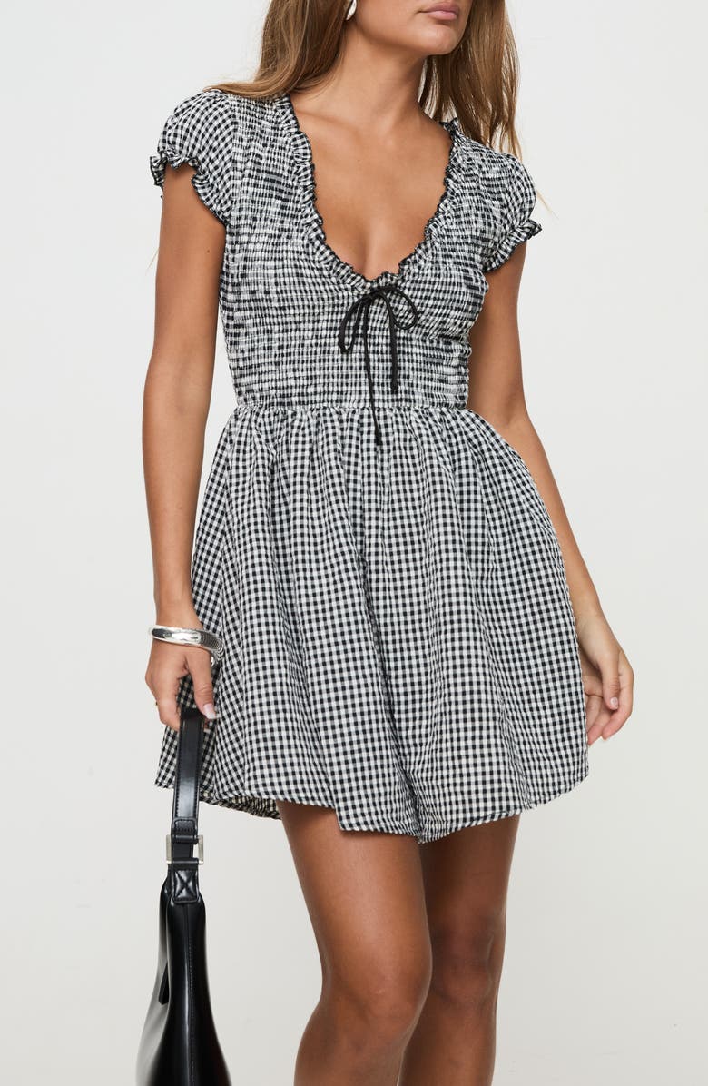 Princess Polly Wescott Gingham Romper, Main, color, Black / White